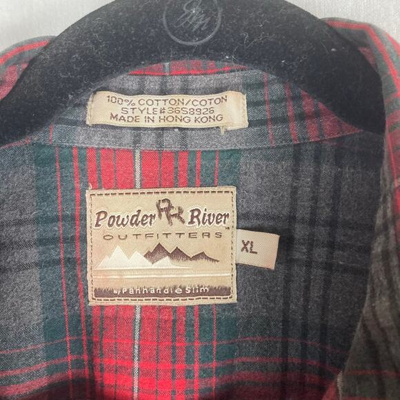 Powder River Button Shirt Men XL Red Gray Plaid Flannel Pearl Snap 100% Cotton - Picture 3 of 10